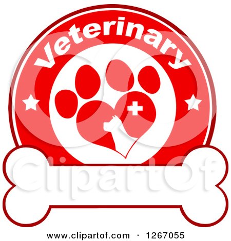 Clipart of a Red and White Veterinary Circle of a Silhouetted Dog in a Heart Shaped Paw Print with Stars and a Cross over a Bone - Royalty Free Vector Illustration by Hit Toon
