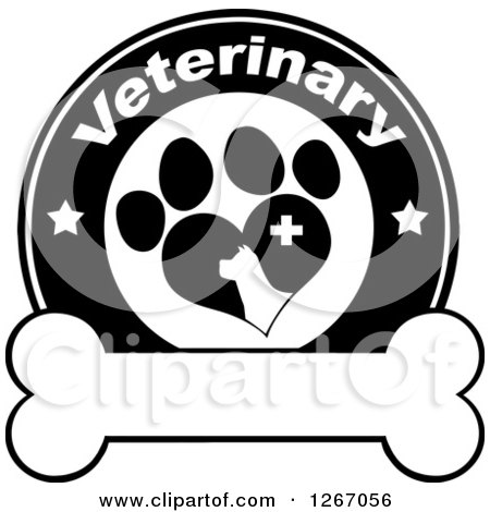 Clipart of a Black and White Veterinary Circle of a Silhouetted Dog in a Heart Shaped Paw Print with Stars and a Cross over a Bone - Royalty Free Vector Illustration by Hit Toon