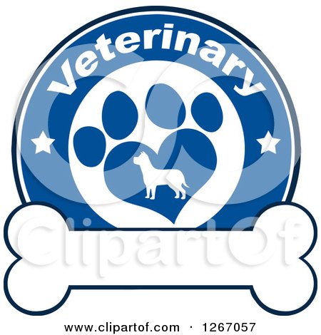 Clipart of a Blue and White Veterinary Circle of a Silhouetted Dog in a Heart Shaped Paw Print with Stars over a Bone - Royalty Free Vector Illustration by Hit Toon