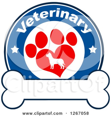 Clipart of a Blue and White Veterinary Circle of a Silhouetted Dog in a Red Heart Shaped Paw Print with Stars over a Bone - Royalty Free Vector Illustration by Hit Toon