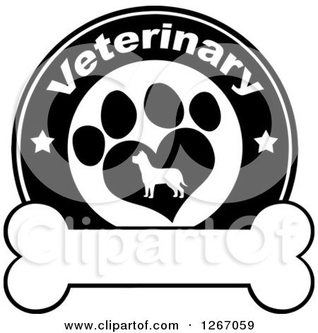 Clipart of a Black and White Veterinary Circle of a Silhouetted Dog in a Heart Shaped Paw Print with Stars over a Bone - Royalty Free Vector Illustration by Hit Toon
