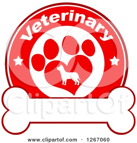 Clipart of a Red and White Veterinary Circle of a Silhouetted Dog in a Heart Shaped Paw Print with Stars over a Bone - Royalty Free Vector Illustration by Hit Toon