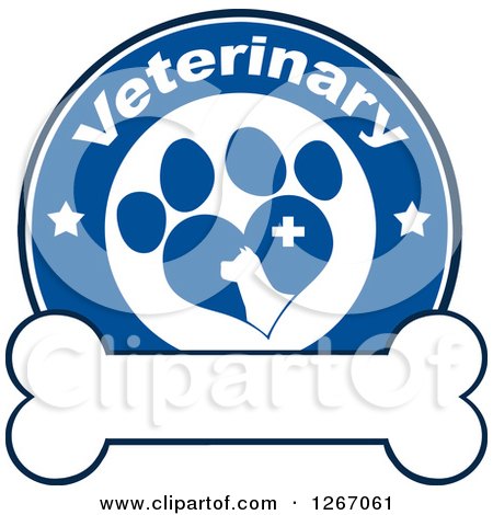 Clipart of a Blue and White Veterinary Circle of a Silhouetted Dog in a Heart Shaped Paw Print with Stars and a Cross over a Bone - Royalty Free Vector Illustration by Hit Toon
