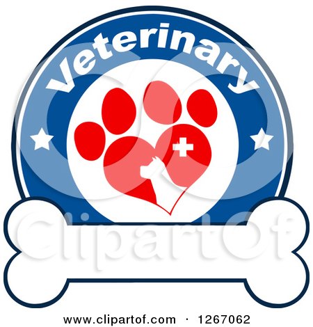 Clipart of a Blue and White Veterinary Circle of a Silhouetted Dog in a Red Heart Shaped Paw Print with Stars and a Cross over a Bone - Royalty Free Vector Illustration by Hit Toon