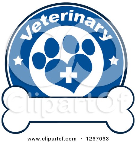 Clipart of a Blue and White Veterinary Circle of a Cross in a Heart Shaped Paw Print with Stars over a Bone - Royalty Free Vector Illustration by Hit Toon