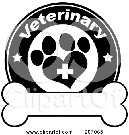 Clipart of a Black and White Veterinary Circle of a Cross in a Heart Shaped Paw Print with Stars over a Bone - Royalty Free Vector Illustration by Hit Toon