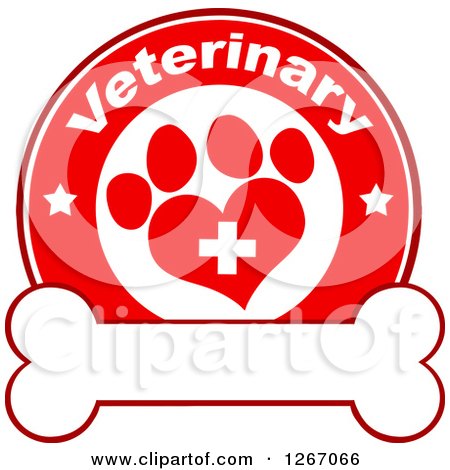 Clipart of a Red and White Veterinary Circle of a Cross in a Heart Shaped Paw Print with Stars over a Bone - Royalty Free Vector Illustration by Hit Toon