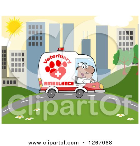 Clipart of a Happy Black Male Veterinary Pet Ambulance Driver in a City - Royalty Free Vector Illustration by Hit Toon
