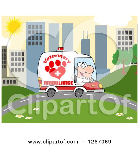 Clipart of a Happy White Male Veterinary Pet Ambulance Driver in a City - Royalty Free Vector Illustration by Hit Toon