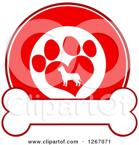 Clipart of a Red and White Circle of a Silhouetted Dog in a Heart Shaped Paw Print over a Bone - Royalty Free Vector Illustration by Hit Toon