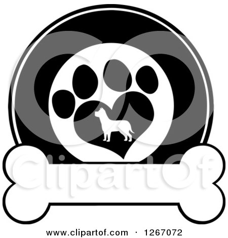 Clipart of a Black and White Circle of a Silhouetted Dog in a Heart Shaped Paw Print over a Bone - Royalty Free Vector Illustration by Hit Toon
