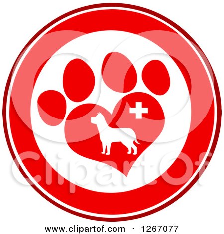 Clipart of a Red and White Circle of a Dog in a Heart Shaped Paw Print with a Veterinary Cross - Royalty Free Vector Illustration by Hit Toon