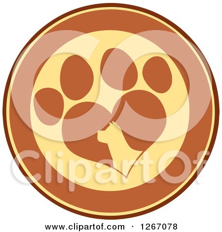 Clipart of a Brown and Yellow Circle of a Silhouetted Dog Head in a Heart Shaped Paw Print - Royalty Free Vector Illustration by Hit Toon