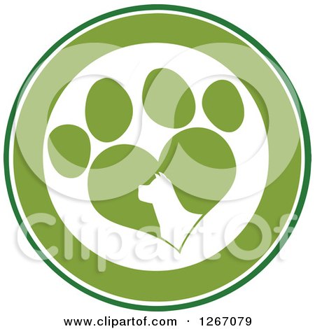 Clipart of a Green and White Circle of a Silhouetted Dog Head in a Heart Shaped Paw Print - Royalty Free Vector Illustration by Hit Toon