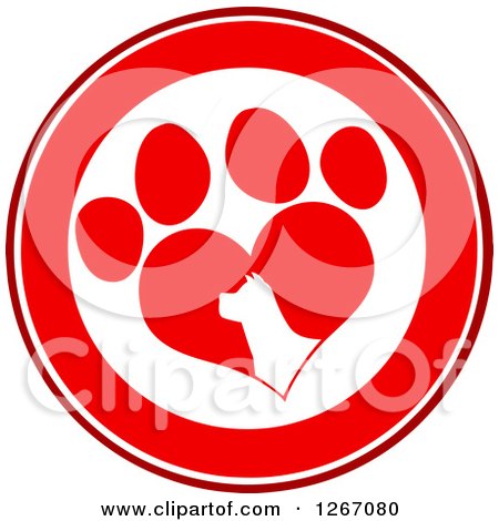 Clipart of a Red and White Circle of a Silhouetted Dog Head in a Heart Shaped Paw Print - Royalty Free Vector Illustration by Hit Toon