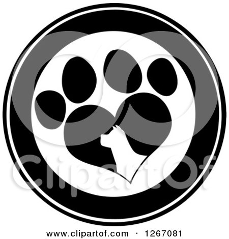 Clipart of a Black and White Circle of a Silhouetted Dog Head in a Heart Shaped Paw Print - Royalty Free Vector Illustration by Hit Toon