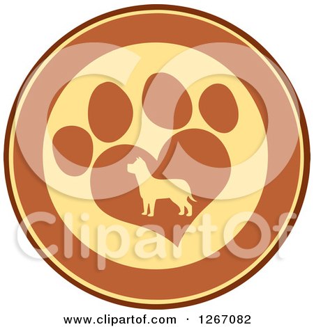 Clipart of a Brown and Yellow Circle of a Silhouetted Dog in a Heart Shaped Paw Print - Royalty Free Vector Illustration by Hit Toon