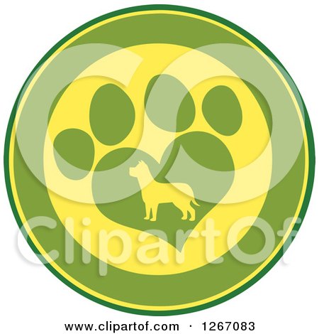 Clipart of a Green and Yellow Circle of a Silhouetted Dog in a Heart Shaped Paw Print - Royalty Free Vector Illustration by Hit Toon