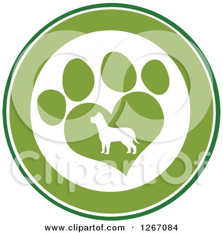Clipart of a Green and White Circle of a Silhouetted Dog in a Heart Shaped Paw Print - Royalty Free Vector Illustration by Hit Toon