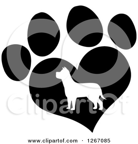 Clipart of a White Silhouetted Dog in a Black Heart Shaped Paw Print - Royalty Free Vector Illustration by Hit Toon