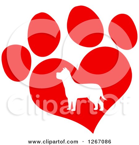 Clipart of a White Silhouetted Dog in a Red Heart Shaped Paw Print - Royalty Free Vector Illustration by Hit Toon