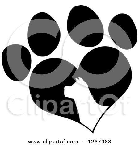 Clipart of a White Silhouetted Dog Head in a Black Heart Shaped Paw Print - Royalty Free Vector Illustration by Hit Toon