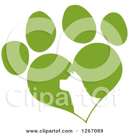 Clipart of a White Silhouetted Dog Head in a Green Heart Shaped Paw Print - Royalty Free Vector Illustration by Hit Toon