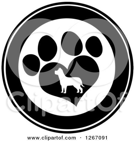 Clipart of a Black and White Circle of a Silhouetted Dog in a Heart Shaped Paw Print - Royalty Free Vector Illustration by Hit Toon
