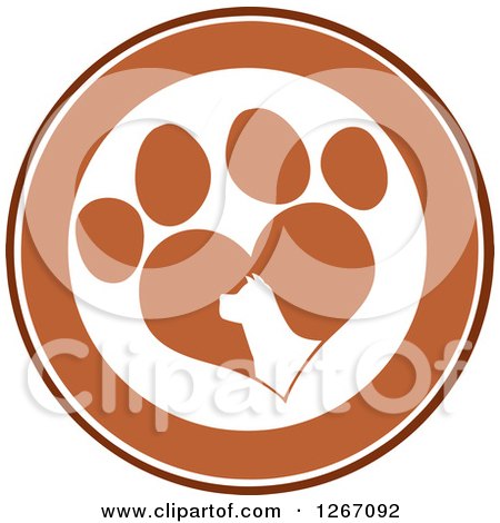 Clipart of a Brown and White Circle of a Silhouetted Dog Head in a Heart Shaped Paw Print - Royalty Free Vector Illustration by Hit Toon
