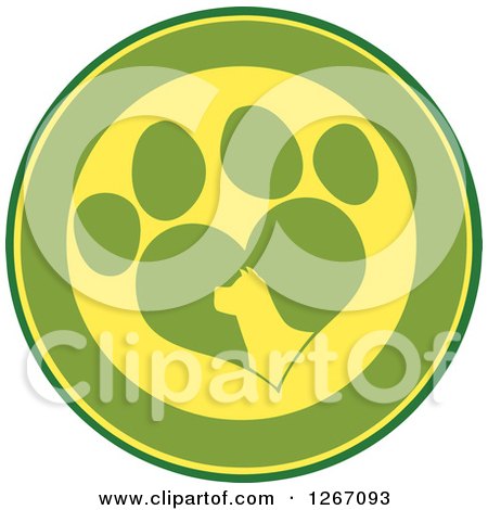 Clipart of a Green and Yellow Circle of a Silhouetted Dog Head in a Heart Shaped Paw Print - Royalty Free Vector Illustration by Hit Toon
