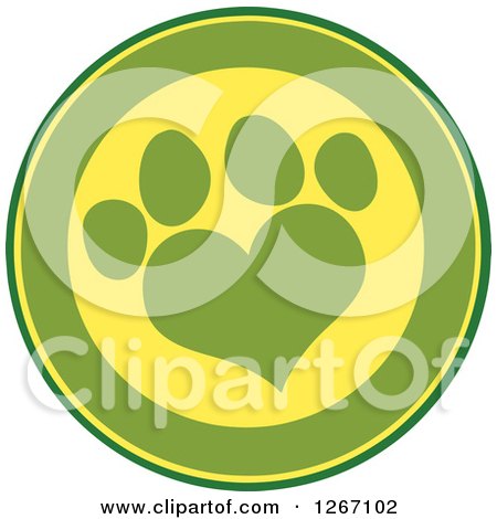 Clipart of a Green and Yellow Circle with a Heart Shaped Paw Print - Royalty Free Vector Illustration by Hit Toon