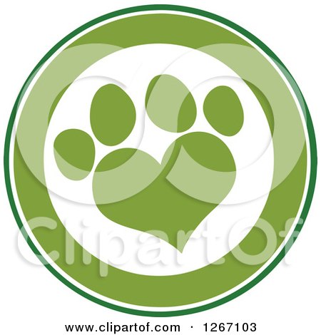 Clipart of a Green and White Circle with a Heart Shaped Paw Print - Royalty Free Vector Illustration by Hit Toon