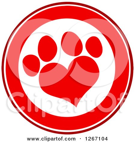 Clipart of a Red and White Circle with a Heart Shaped Paw Print - Royalty Free Vector Illustration by Hit Toon