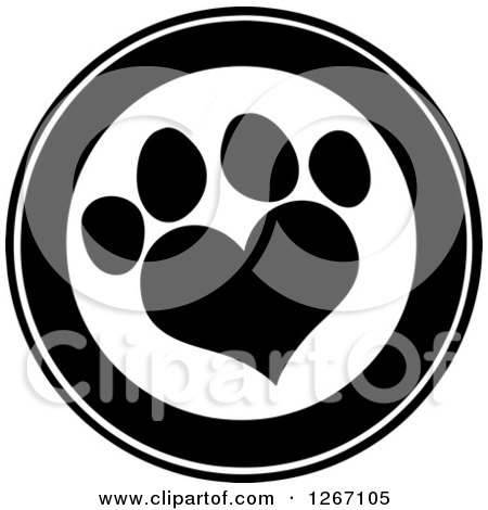 Clipart of a Black and White Circle with a Heart Shaped Paw Print - Royalty Free Vector Illustration by Hit Toon