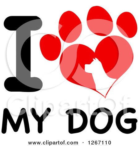 Clipart of a Paw Print and Partial Silhouette with I Love My Dog Text - Royalty Free Vector Illustration by Hit Toon