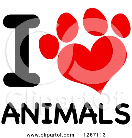 Clipart of a Red Heart Shaped Paw Print with I Love Animals Text - Royalty Free Vector Illustration by Hit Toon