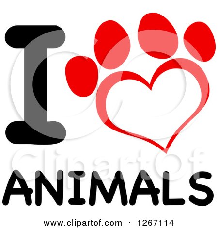 Clipart of a Red and White Heart Shaped Paw Print with I Love Animals Text - Royalty Free Vector Illustration by Hit Toon