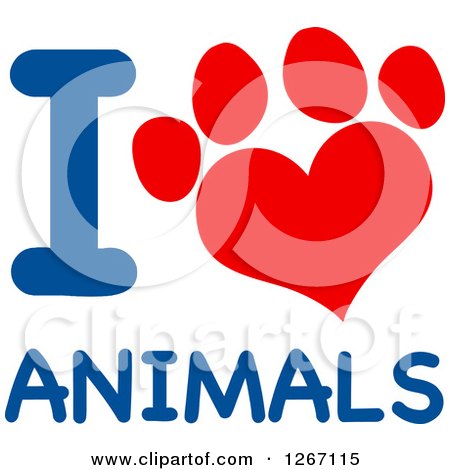 Clipart of a Red Heart Shaped Paw Print with Blue I Love Animals Text - Royalty Free Vector Illustration by Hit Toon