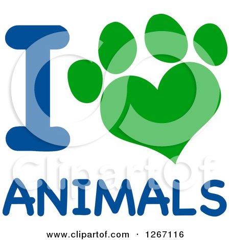 Clipart of a Green Heart Shaped Paw Print with Blue I Love Animals Text - Royalty Free Vector Illustration by Hit Toon
