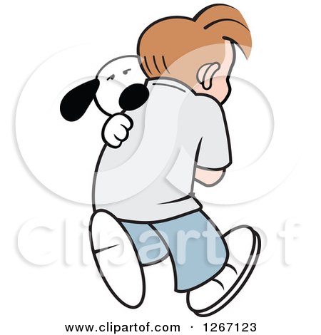 Clipart of a Caucasian Boy Walking and Carrying His Dog - Royalty Free Vector Illustration by Johnny Sajem