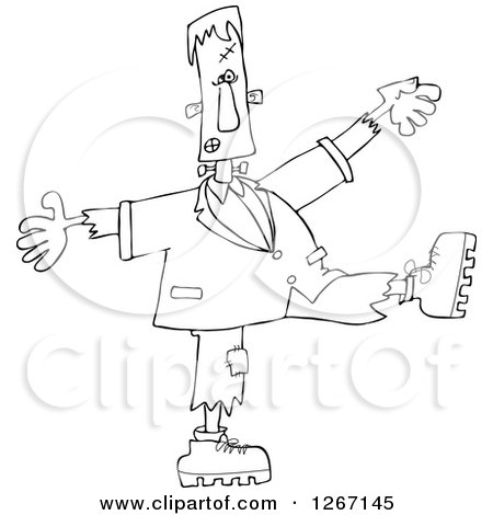 Clipart of a Black and White Halloween Frankenstein Dancing - Royalty Free Vector Illustration by djart