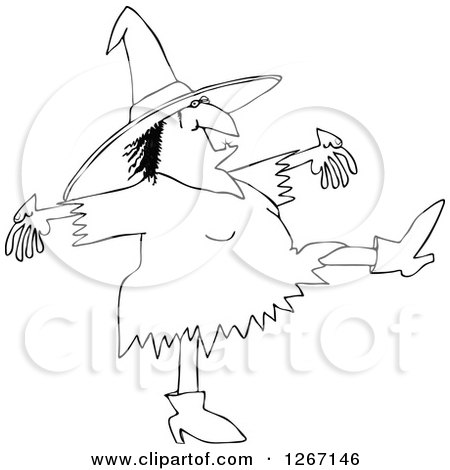 Clipart of a Black and White Chubby Halloween Witch Dancing - Royalty Free Vector Illustration by djart