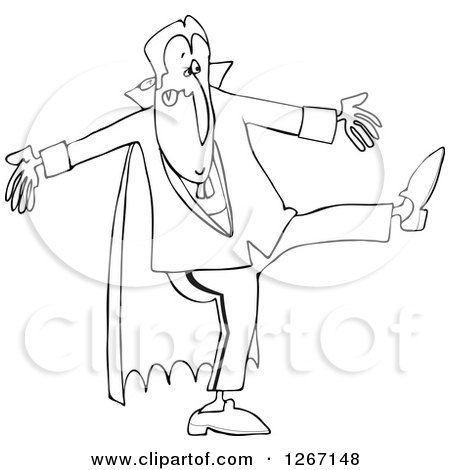 Clipart of a Black and White Halloween Dracula Vampire Dancing - Royalty Free Vector Illustration by djart