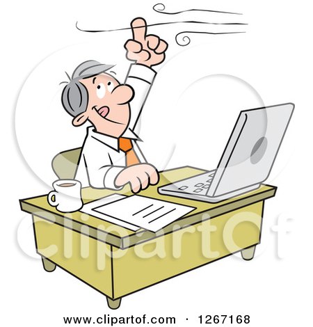 1267168-Clipart-Of-A-Caucasian-Businessman-Working-At-His-Desk-And-Holding-His-Finger-Up-To-The-Wind-Royalty-Free-Vector-Illustration.jpg