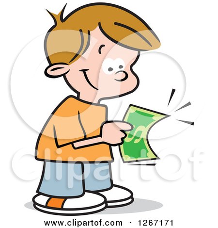 Clipart of a Happy Caucasian Boy Holding His First Dollar - Royalty Free Vector Illustration by Johnny Sajem