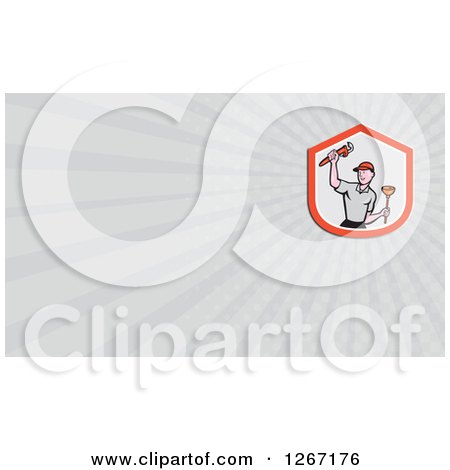 Clipart of a Plumber with a Plunger and Monkey Wrench and Ray Business Card Design - Royalty Free Illustration by patrimonio