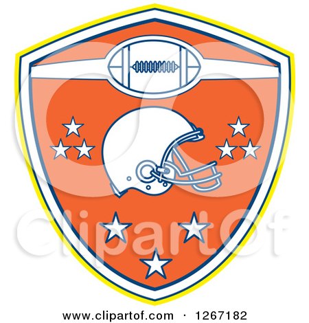 Clipart of a Retro Yellow White Blue and Orange American Football Shield with a Helmet and Stars - Royalty Free Vector Illustration by patrimonio
