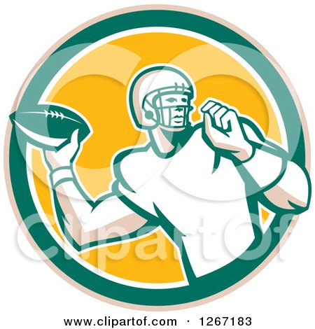 Clipart of a Retro Male American Football Player Throwing in a Tan Green White and Yellow Circle - Royalty Free Vector Illustration by patrimonio