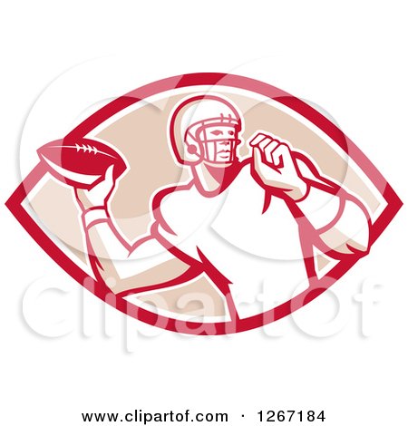 Clipart of a Retro Male American Football Player Throwing in a Red White and Tan Oval - Royalty Free Vector Illustration by patrimonio