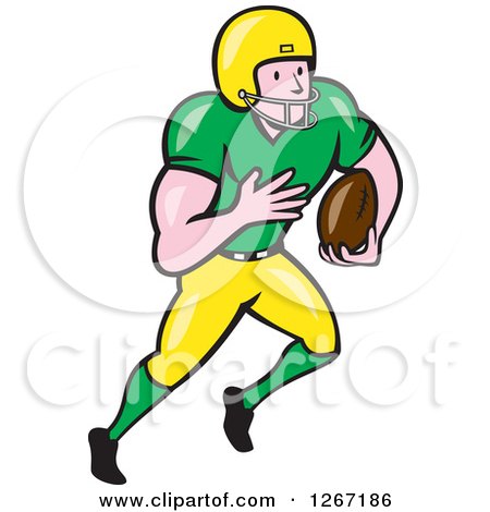Clipart of a Cartoon White Male American Football Player Running in a Green and Yellow Uniform - Royalty Free Vector Illustration by patrimonio
